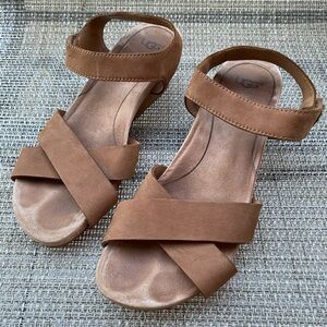 UGG Women's Veva Brown Leather Ankle Strap Hook & Loop Wedge Sandals Size 8